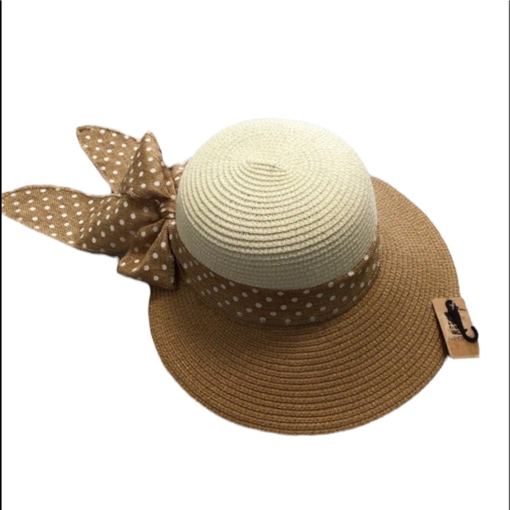 Fashion Sun Hat Tan and Cream Wide Brim Beach Hat Polka Dot Bow & Ribbon  OS NWT